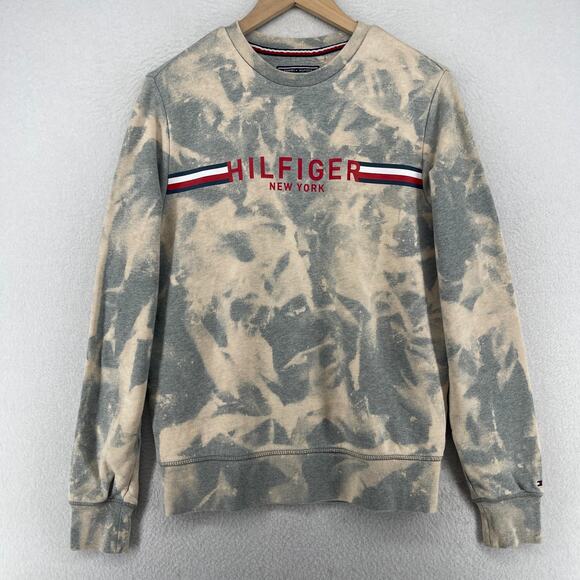 TOMMY HILFIGER Sweatshirt Adult S Terry Vintage Fit Tie Dye Bleach Washed Gray - Picture 1 of 11